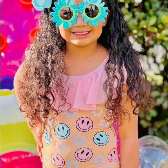 Girls Peach Smiles & Daisy Ruffle Neck One Piece Swimsuit